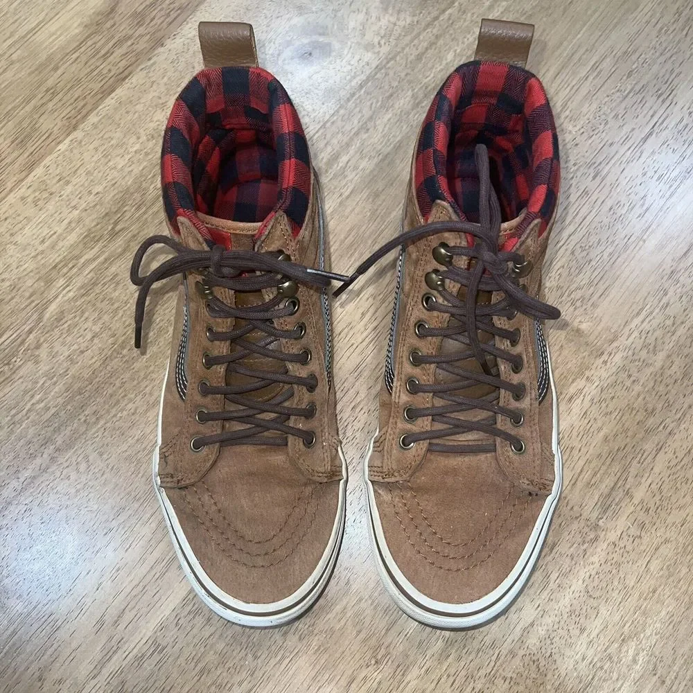 Vans Tan Suede High-Top Sneakers with Red Plaid Lining